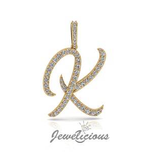 Pingente com inicial de diamante - Pingente com letra inicial K personalizado - Diamantes naturais - Disponível em ouro maciço 10K e 14K em todas as cores douradas - Estilo 2