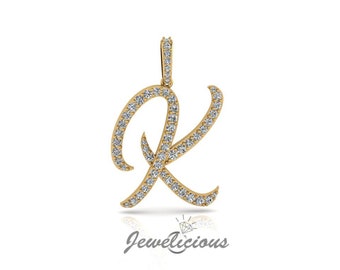 Diamond Initial Pendant - Custom K Initial Letter Pendant - Natural Diamonds - Available in 10K and 14K Solid Gold all gold colors - Style 2