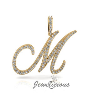 Pingente com inicial de diamante - Pingente com letra inicial M personalizado - Diamantes naturais - Disponível em ouro maciço 10K e 14K em todas as cores douradas - Estilo 2