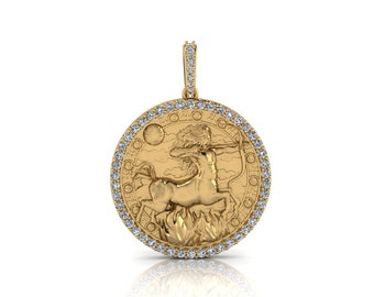 Sagittarius Zodiac Coin Necklace/ Sagittarius Medallion/Unique Sagittarius Round Pendant with Diamonds 14K Solid Gold, Sold Without Chain