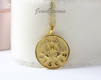 10k / 14k Solid Gold Pisces Zodiac Pendant / Horoscope Sign Medallion/ Pisces Coin Pendant, sold without chain.