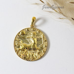 Sagittarius Zodiac Coin Necklace/ Sagittarius Medallion/ Unique Sagittarius Round Pendant 14K Solid Gold, sold without chain.