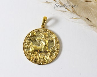 14K Solid Gold Sagittarius Zodiac Coin Pendant - Handmade in USA - Sagittarius Medallion 10k or 14k solid gold