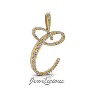 Pingente com inicial de diamante - Pingente com letra inicial C personalizado - Diamantes naturais - Disponível em ouro maciço 10K e 14K em todas as cores douradas - Estilo 2