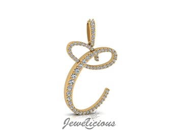 Diamond Initial Pendant - Custom C Initial Letter Pendant - Natural Diamonds - Available in 10K and 14K Solid Gold all gold colors - Style 2