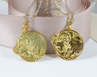 10k / 14k Solid Gold Aries Zodiac Pendant / Aries Horoscope Sign Medallion / Aries Round Pendant Coin sold without chain.