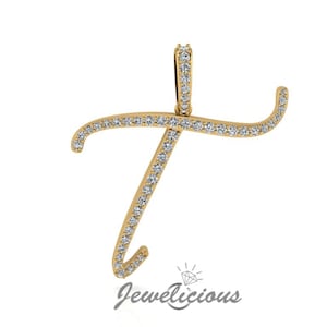 Pingente com inicial de diamante - Pingente com letra inicial T personalizado - Diamantes naturais - Disponível em ouro maciço 10K e 14K em todas as cores douradas - Estilo 5