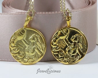 10k / 14k Solid Gold Aquarius Zodiac Pendant / Aquarius Horoscope Sign Medallion / Aquarius Round Pendant sold without chain.