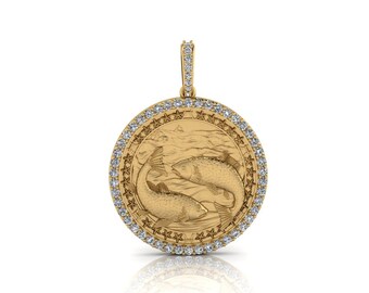 Pieces Zodiac Coin Necklace/ Pieces Horoscope Medallion/Unique Pieces Round Pendant with Natural Diamonds 14K Solid Gold, Sold Without Chain