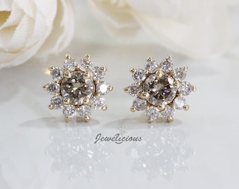 Gorgeous 0.80ct Natural Diamonds Cluster Flower Stud Earrings in 14K Yellow Gold, Perfect Gift for Her.
