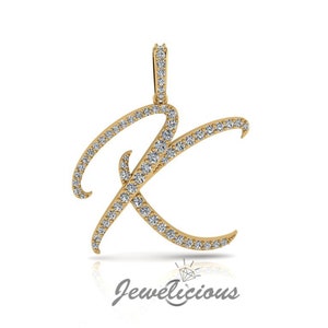 Pingente com inicial de diamante - Pingente com letra inicial K personalizado - Diamantes naturais - Disponível em ouro maciço 10K e 14K em todas as cores douradas - Estilo 3