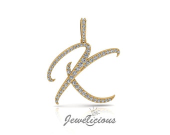 Diamond Initial Pendant - Custom K Initial Letter Pendant - Natural Diamonds - Available in 10K and 14K Solid Gold all gold colors - Style 3