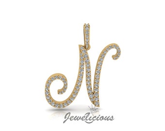 Diamond Initial Pendant - Custom N Initial Letter Pendant - Natural Diamonds - Available in 10K and 14K Solid Gold all gold colors - Style 4
