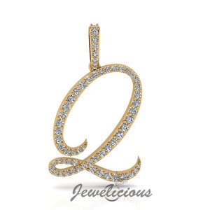 Pingente com inicial de diamante - Pingente com letra inicial Q personalizado - Diamantes naturais - Disponível em ouro maciço 10K e 14K em todas as cores douradas - Estilo 3