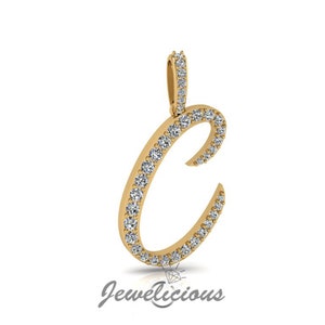 Pingente com inicial de diamante - Pingente com letra inicial C personalizado - Diamantes naturais - Disponível em ouro maciço 10K e 14K em todas as cores douradas - Estilo 1