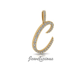 Diamond Initial Pendant - Custom C Initial Letter Pendant - Natural Diamonds - Available in 10K and 14K Solid Gold all gold colors - Style 1
