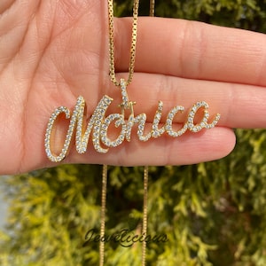 Fabulous Custom Made 3D Name Pendant - Natural Diamonds Available in 10K and 14K Solid Gold in all gold colors w/o chain, &#39;Monica&#39; font.