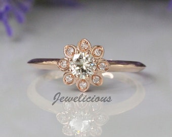 Unique Design Natural Round Diamonds Dainty Flower Ring in 14K Rose Gold, Anniversary - Birthday Gift.