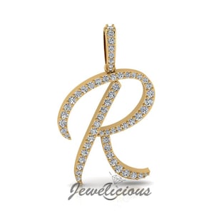 Pingente com inicial de diamante - Pingente com letra inicial R personalizado - Diamantes naturais - Disponível em ouro maciço 10K e 14K em todas as cores douradas - Estilo 5