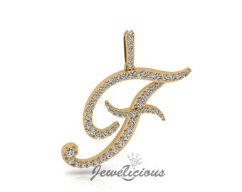 Diamond Initial Pendant - Custom F Initial Letter Pendant - Natural Diamonds - Available in 10K and 14K Solid Gold all gold colors - Style 3