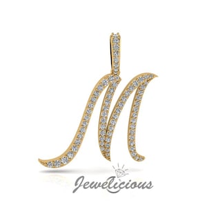 Pingente com inicial de diamante - Pingente com letra inicial M personalizado - Diamantes naturais - Disponível em ouro maciço 10K e 14K em todas as cores douradas - Estilo 5