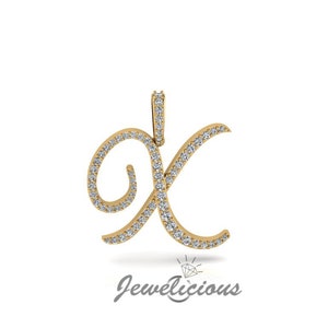Pingente com inicial de diamante - Pingente com letra inicial X personalizado - Diamantes naturais - Disponível em ouro maciço 10K e 14K em todas as cores douradas - Estilo 2