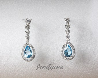 Natural Swiss Blue Topaz and Diamonds Pear Shape Halo Dangle Earrings in 14K White Gold, Perfect Gift Birthday - Mother&#39;s Day - Anniversary