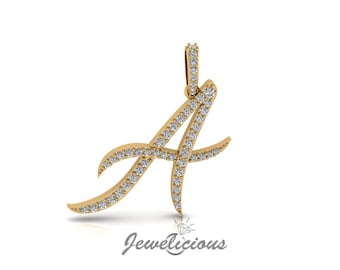 Diamond Initial Pendant - Custom A Initial Letter Pendant - Natural Diamonds - Available in 10K and 14K Solid Gold all gold colors - Style 2