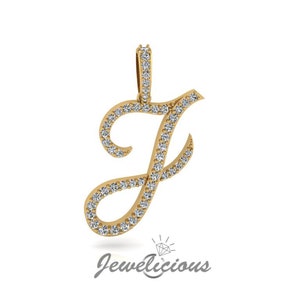 Pingente com inicial de diamante - Pingente com letra inicial J personalizado - Diamantes naturais - Disponível em ouro maciço 10K e 14K em todas as cores douradas - Estilo 5