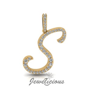 Pingente com inicial de diamante - Pingente com letra inicial S personalizado - Diamantes naturais - Disponível em ouro maciço 10K e 14K em todas as cores douradas - Estilo 1
