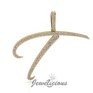 Pingente com inicial de diamante - Pingente com letra inicial T personalizado - Diamantes naturais - Disponível em ouro maciço 10K e 14K em todas as cores douradas - Estilo 6