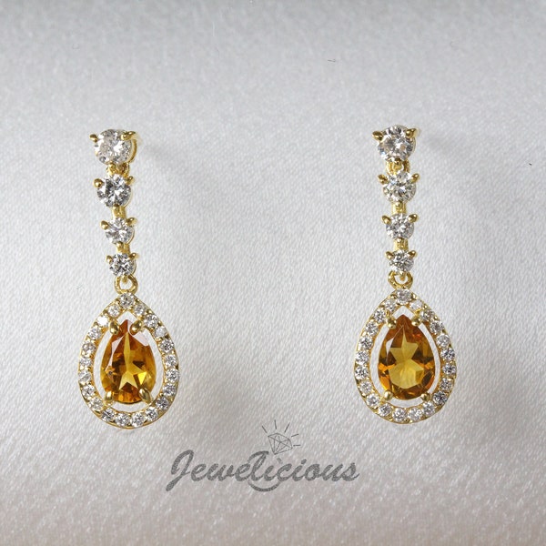 Natural Citrine and Diamonds Pear Shape Halo Dangle Earrings in 14K Yellow Gold, Perfect Gift Birthday - Mother's Day - Anniversary