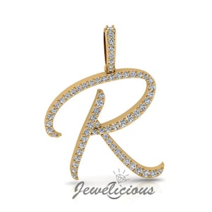 Pingente com inicial de diamante - Pingente com letra inicial R personalizado - Diamantes naturais - Disponível em ouro maciço 10K e 14K em todas as cores douradas - Estilo 4