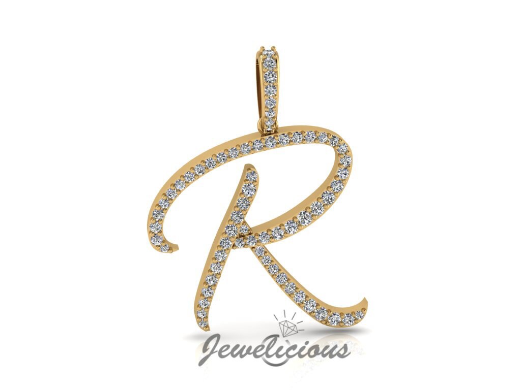 Diamond Initial Pendant - Custom R Initial Letter Pendant - Natural Diamonds - Available in 10K and 14K Solid Gold all gold colors - Style 4