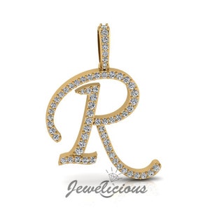 Pingente com inicial de diamante - Pingente com letra inicial R personalizado - Diamantes naturais - Disponível em ouro maciço 10K e 14K em todas as cores douradas - Estilo 6