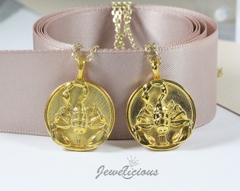 10k / 14k Solid Gold Scorpio Zodiac Pendant / Scorpio Horoscope Sign Medallion / Coin Round Pendant sold without chain.