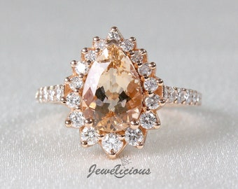Unique 2.7 TCW Natural Pear Morganite and Diamonds Halo Luxury Ring in 14K Rose Gold, Engagement - Anniversary -Birthday Gift