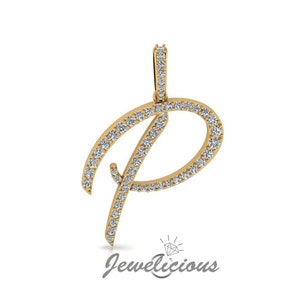 Pingente com inicial de diamante - Pingente com letra inicial P personalizado - Diamantes naturais - Disponível em ouro maciço 10K e 14K em todas as cores douradas - Estilo 3