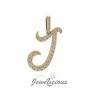 Pingente com inicial de diamante - Pingente com letra inicial J personalizado - Diamantes naturais - Disponível em ouro maciço 10K e 14K em todas as cores douradas - Estilo 6