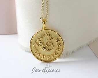 10k / 14k Solid Gold Capricorn Zodiac Pendant / Horoscope Sign Medallion/ Capricorn Coin Pendant, sold without chain.