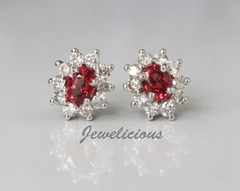 Gorgeous Natural Oval Red Sapphire & Diamonds Cluster Flower Stud Earrings in 14K White Gold