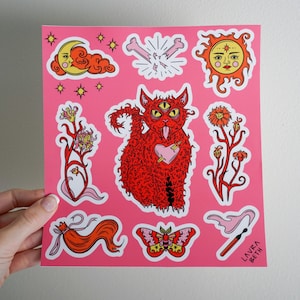Red, Pink, and Orange Cat Tattoo Flash Vinyl Sticker Sheet