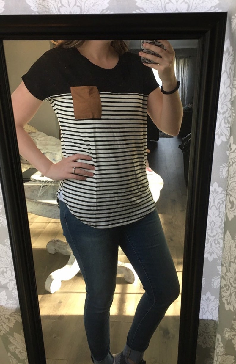 Off-White Striped Top with Tan Pocket