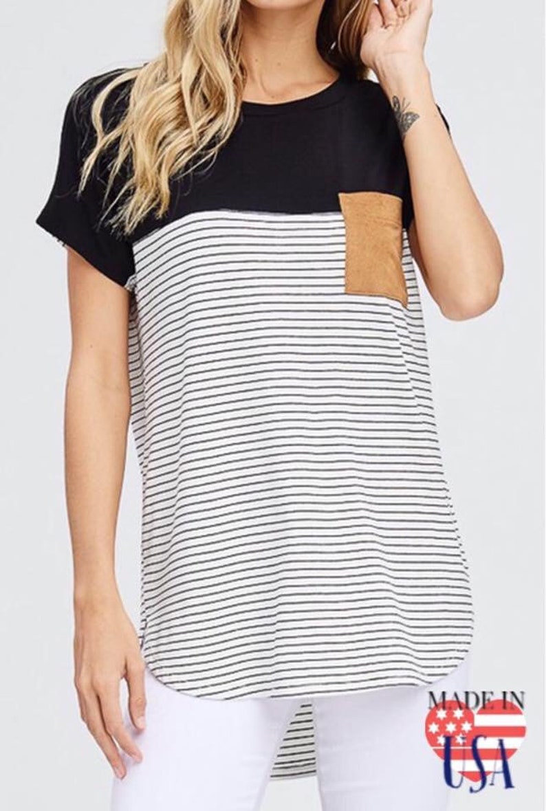 Off-White Striped Top with Tan Pocket