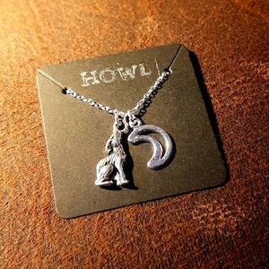 Howl: Wolf and crescent moon silver pewter charm necklace - werewolf, gothic, twilight, fantasy