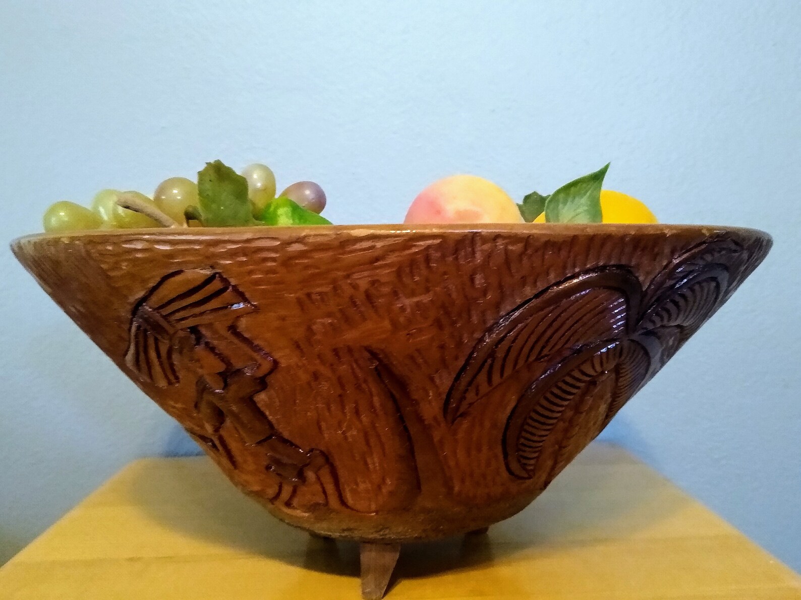 Large Vintage Ornate Hand Carved Wooden Fruit Bowl With Etsy