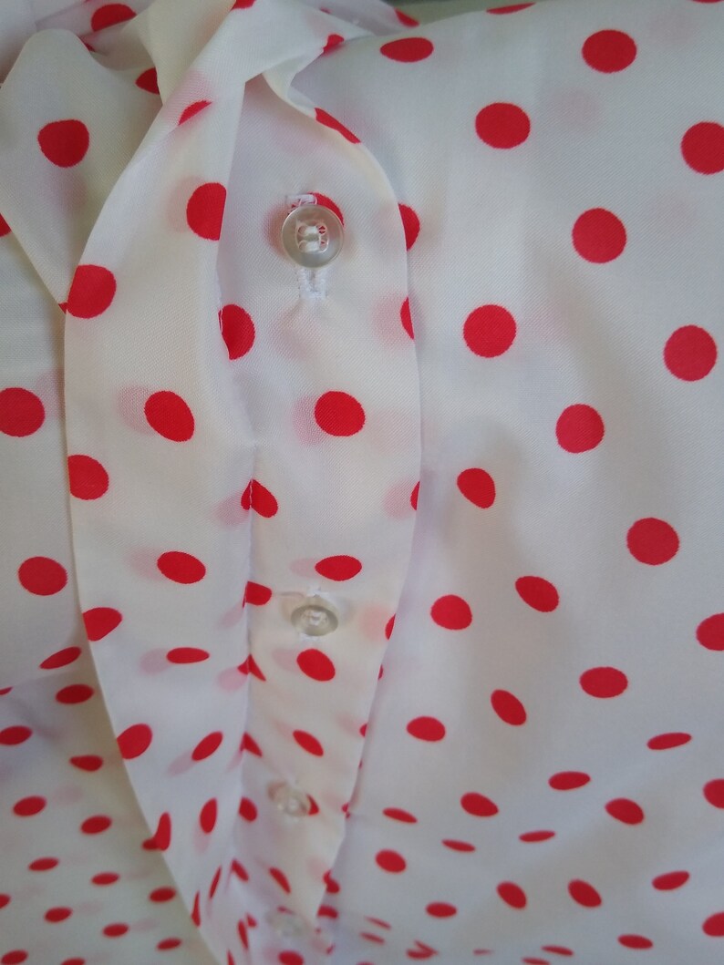 Laura Mae Vintage White and Red Polka Dot Blouse 1970s White and Red Polka Dot Blouse