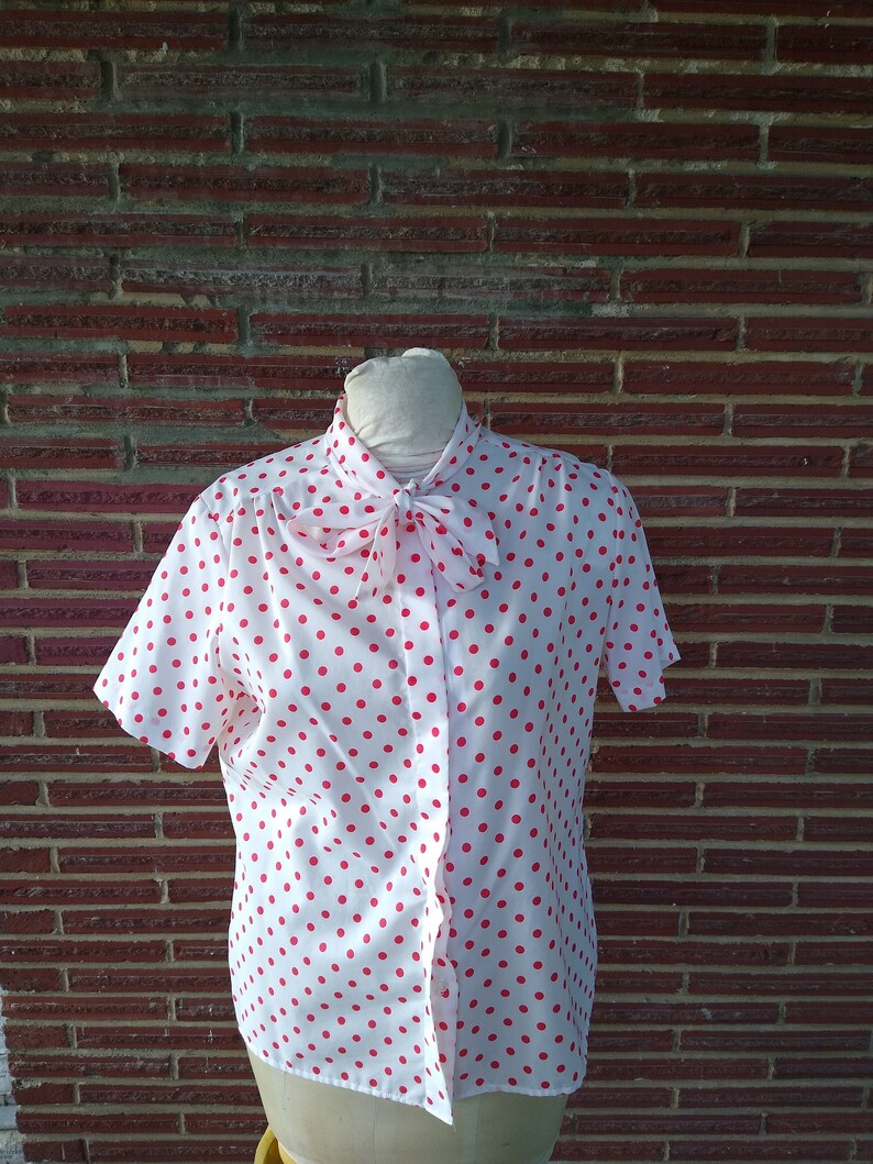 Laura Mae Vintage White and Red Polka Dot Blouse 1970s White and Red Polka Dot Blouse