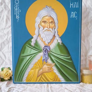 Prophet Elias, Hand painted, Free Wooden Gift Box, Orthodox, Iconography, Wooden, Religious Byzantine, Church Icon, Christian Icon