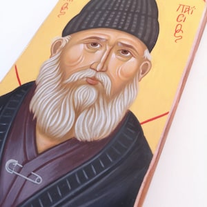 Hand-Painted Saint Paisios Icon: Byzantine Greek Orthodox Art on Aged Wood